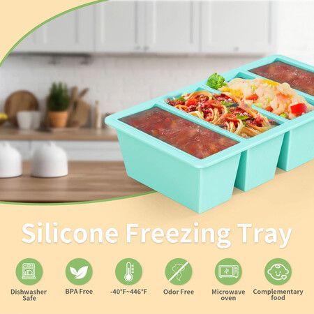 4 Cups Silicone Ice Cube Tray 1 Cup/250 mL Silicone Freezer Tray with Lids,Perfect for Storing Soup,Broth,Sauces,Batch Cooking Color Sky Blue
