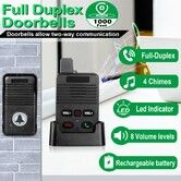 Wireless Doorbell 1000ft Range Waterproof Full Doorbell Two Way Communication 8 Volume Levels 4 Chime