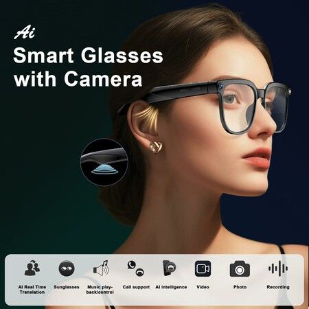 AI Smart Glasses with Camera and Audio,8MP HD Camera Glasses,1080P Video Recording Sunglasses,Real Time Translation,Voice Assistant,Open-Ear Audio