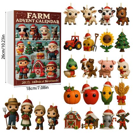 Farm Animal Themed Christmas Countdown Advent Calendar Set with 24 Days of Farm Acrylic Ornaments for Seasonal Party Celebration