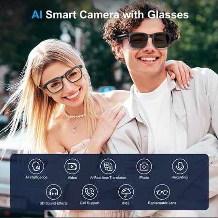 AI Smart Glasses with 8MP Camera,4K Video,Photo Capture,Real-Time Translation,Recording,AI Assistant,Open-Ear Audio,Bluetooth,Object Recognition