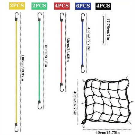 29Pcs Heavy Duty Bungee Cords With Hooks,Motorcycle Cargo Net For Utv, Truck & Bike,Elastic Tie Down Straps Assortment For Camping,Roof Rack