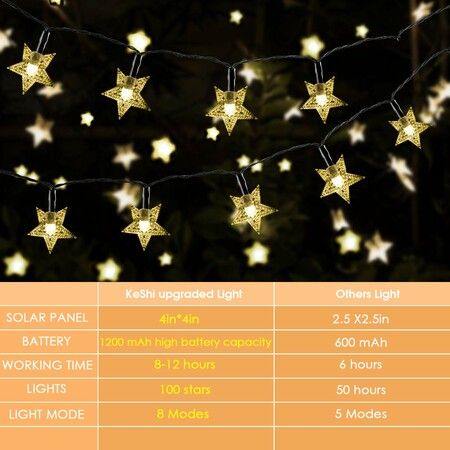 12M 100LED Star String Lights 8 Modes Solar Powered Twinkle Fairy Lights Outdoor, Gardens, Lawn Patio, Landscape, Christmas, Warm White