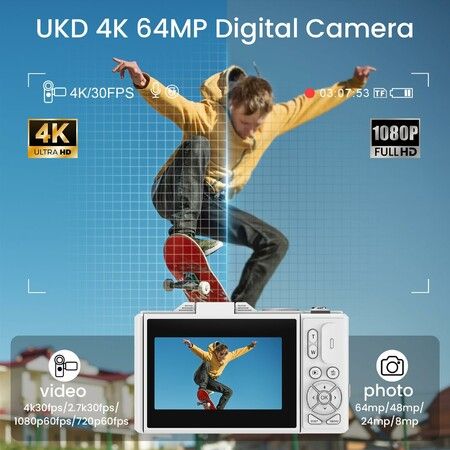 64MP Digital Camera 4K Video Vlogging YouTube Photography Flip Screen 18X Zoom Gift for Teens Color White With Dual Batteries