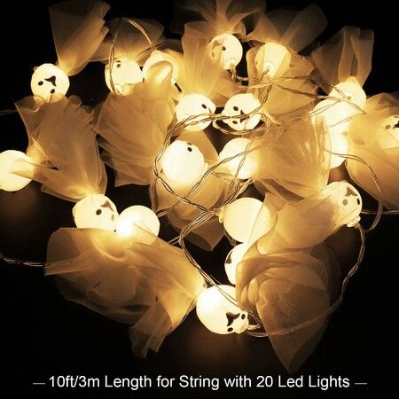 Halloween Ghost String Lights with 3 M 20 LED Lace Ghost Wall Decor Battery Operated Fairy for Halloween Party Indoor Outdoor Hanging Lights Decorations (Warm White Light)