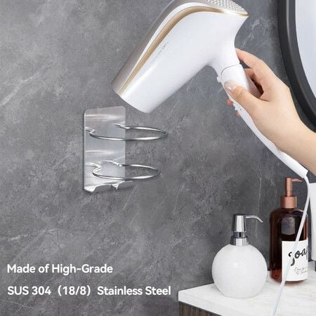 Hair Dryer Holder Wall Mount Self Adhesive 304 Stainless Steel Bathroom Hair Blow Dryer Rack Organizer-Silver
