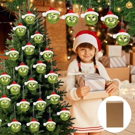 12Pcs Grinch Christmas Balls Ornaments Christmas Tree Decorations Hanging Xmas Elf Balls Ornaments with Red Christams Hat for Holiday Decor