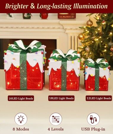Christmas Lighted Gift Boxes 3 Pack RED Lighted  Boxes Light Up Present Boxes Decorations for Indoor Outdoor Battery Operated LED Light Up Gift