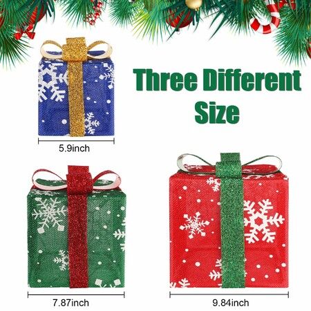 Christmas Lighted Gift Boxes 3 Pack SNOWFLAKE BOW Lighted  Boxes Light Up Present Boxes Decorations for Indoor Outdoor Battery Operated LED Light Up Gift