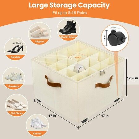 1 Pack Foldable Shoe Organizer with Wheels,Stackable Clear Shoe Storage Box with Adjustable Dividers, Space Saving Foldable Shoe Container for Closet