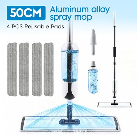 Spray Floor Mop Cleaner Wet Dry Magic 50cm Wide 360 Degree Swivel Flat Head 4 Microfiber Pads Scraper Household Bathroom Hardwood Tile Dust Cleaning