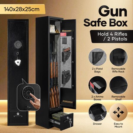 4 Gun Safe Cabinet Digital Keypad Steel Firearm Storage Lock Box Shelf 4 Rifles 2 Pistol Holder Locking Drawer LED Light Dual Alarm System 140x28x25cm