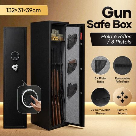 Gun Safe Case Firearm Lock Box Storage Cabinet 6 Rifles 3 Pistols Handguns Holder 2 Shelves LED Electronic Security Keypad Dual Alarm Key 132x39x31cm