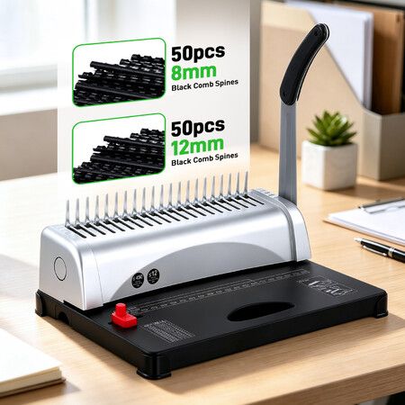 21-Hole Comb Binding Machine Manual Paper 12-Sheet Punch Book Binder Kit 100 Combs for A4 A5 Letter Documents 450 Sheets Home Office Reports School