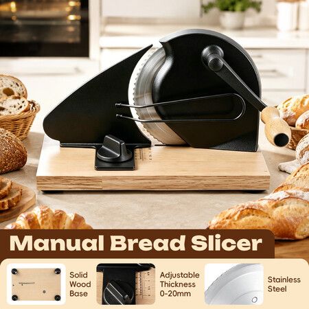 Manual Bread Slicer with Adjustable Thickness Hand Crank Homemade Sourdough Toast Loaf Cutter Guide Scale Line Solid Wood Base Stainless Steel Blade