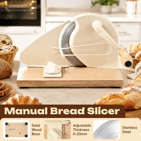 Manual Bread Slicer Adjustable Thickness Hand Crank Sourdough Loaf Cutter Slicing Guide Scale Line Wood Board Stainless Steel Blade Homemade Toast
