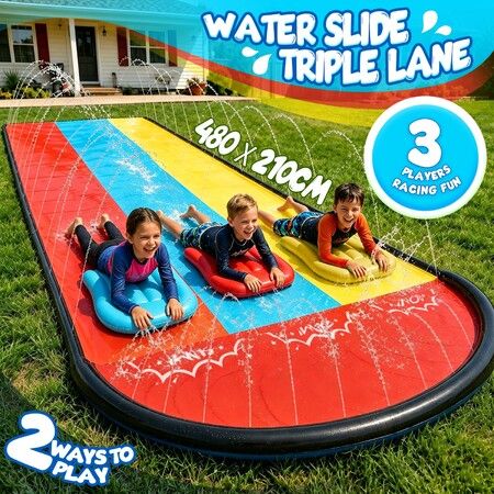 480x210cm Water Slide for Kids Activity Sensory Toy 3 Lanes Built In Sprinkler Inflatable Bodyboards Backyard Lawn Outdoor Summer Splash Games Play Set