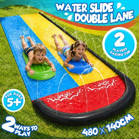 480x140cm Water Slide for Kids Activity Sensory Toy 2 Lanes Built In Sprinkler Inflatable Bodyboards Backyard Lawn Outdoor Summer Splash Games Play Set