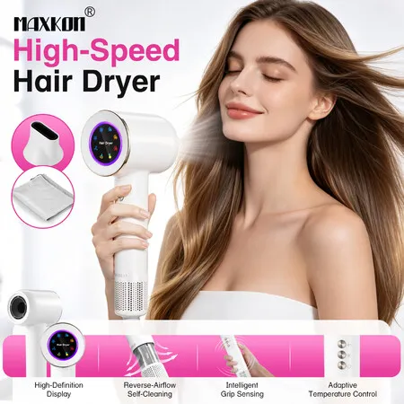 Maxkon Ionic Hair Dryer Professional Powerful 1600W High Speed Blow Drying 5 Heat Settings Lightweight Home Salon Travel Styling Concentrator Nozzle