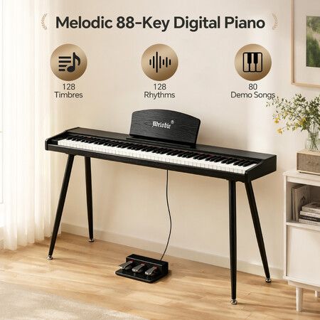 Melodic 88 Key Digital Piano Beginners Full Size Acoustic Electric Keyboard Bluetooth MIDI Electronic Music Stand 3 Pedals 128 Rhythms 80 Demo Songs