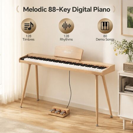Melodic 88 Key Digital Piano Keyboard Beginners Full Size Electronic Sensitive Bluetooth MIDI Electric Wooden Stand 3 Pedals 128 Rhythms 80 Demo Songs