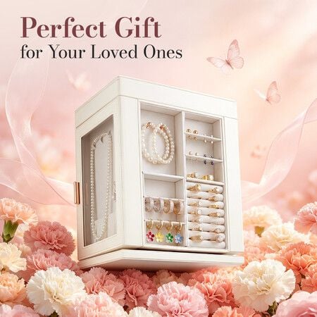 360° Rotating Jewellery Box Organiser 5 Drawers Necklace Holder Ring Earring Storage Cabinet Jewelry Display Case Velvet Lining Luxury Gift for Women