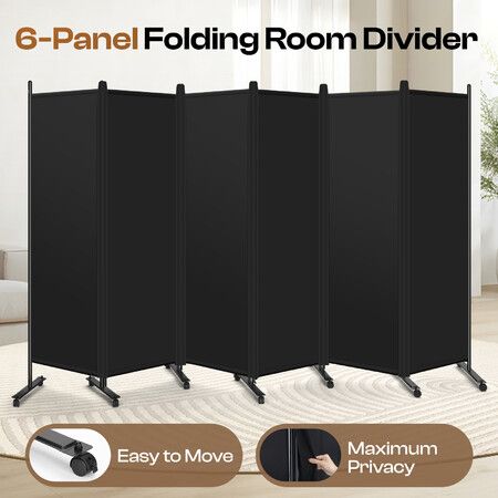 Privacy Wall Screen Divider 6 Panel Folding Office Partition Large Room Separator Mobile Freestanding Portable Black Fabric Shield Lockable Wheels