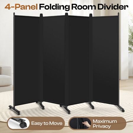 Folding Room Divider with Wheels 4 Panel Portable Privacy Screen Fabric Office Partition Wall Separator Mobile Freestanding Home Lounge Studio Black