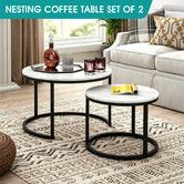 2 Round Coffee Table Set Nesting Bedside Sofa Side End Tea Cafe Nightstand Couch Lounge Lamp Modern Faux Marble Top Living Room Space Saving Furniture