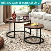 2 Piece Coffee Table Round Nesting Bed Sofa Side End Lamp Tables Industrial Space Saving Furniture for Cafe Tea Lounge Living Room Wood Grain Top