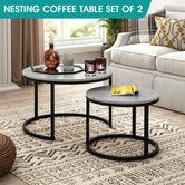Round Nesting Coffee Table Set of 2 Large Circle Faux Marble Top Bed Sofa Side End Modern Living Room Furniture Metal Frame Space Saving Cafe Lounge