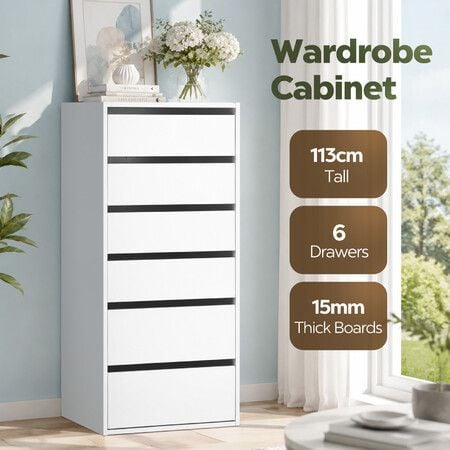 6 Drawer Tallboy Chest White Dresser Cupboard Side Storage Cabinet 113cm Tall Vertical Organiser Unit Freestanding Bedroom Hallway Furniture Particle Board