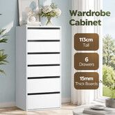 6 Drawer Tallboy Chest White Dresser Cupboard Side Storage Cabinet 113cm Tall Vertical Organiser Unit Freestanding Bedroom Hallway Furniture Particle Board