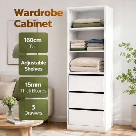 White Tall Wardrobe Cabinet with 3 Drawers Adjustable Shelves Slim Wooden Storage Cupboard for Bedroom Pantry Laundry