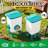 Chicken Bird Feeder Waterer Set 12kg 11L Auto Food Water Dispenser Automatic Chick Poultry Chook Drinker Cup Gravity Fed Stand Feeding Drinking System