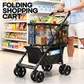 Foldable Shopping Cart Trolley Mobile Personal Collapsible Grocery Utility Tote Bag Basket Portable Folding Rolling Market Travel Granny Wheels 2 Tier