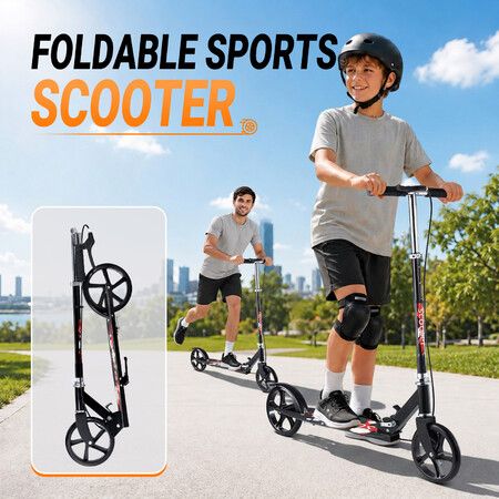 Foldable Kick Scooter Adult Kids 20cm Big Wheels Adjustable Height Push Handbrake Wide Deck Urban Commuter Riding Folding Kickstand Childrens 6+ 100KG