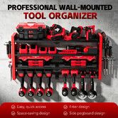 Power Tool Organiser 4 Tier Garage Shelving Unit Storage Rack 8 Drill Holder Hanger Wall Mounted Heavy Duty Metal Workshop Floating Shelves Pegboards