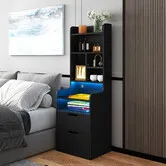 2 in 1 LED Bedside Table Bookshelf 2 Drawer Nightstand Side Cabinet Shelving Unit Storage Shelves Compartments Bedroom Organiser with Charging Station