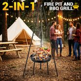2 in 1 Tripod BBQ Grill Fire Pit Set Portable Outdoor Picnic Wood Charcoal Brazier Heater Adjustable Hanging Cooking Grate for Camping Patio Backyard