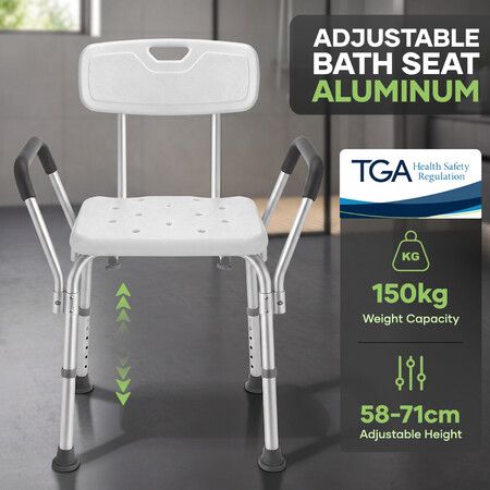 Medical Shower Chair Bathtub Bath Seat Stool Bathroom Bedside Adjustable Raised Seating Furniture Elderly Senior Mobility Aid with Back Armrests 150kg