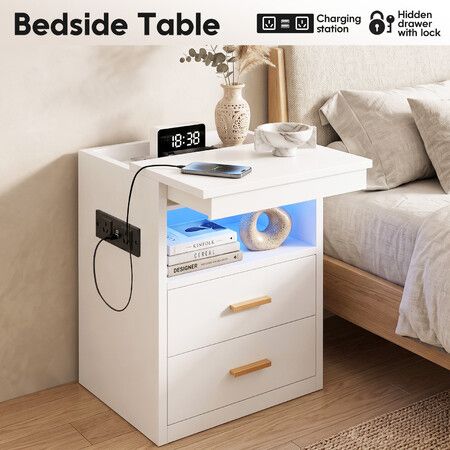 White Bedside Table LED Nightstand with USB Charging Station, 3 Drawers (1 Lockable), Storage Shelf End Cabinet for Bedroom Wooden Furniture