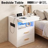 White Bedside Table LED Nightstand with USB Charging Station, 3 Drawers (1 Lockable), Storage Shelf End Cabinet for Bedroom Wooden Furniture