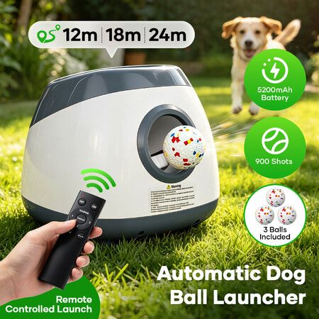 Large Dog Ball Launcher Thrower Automatic Tennis Fetch Toy Interactive Throwing Machine Remote Control Adjustable Distance Outdoor Pet Play 3 Balls