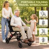 Folding Wheelchair Mobility Disability Aid Equipment Portable Lightweight Travel Transit Chair Medical Senior Elderly Transport Rear Hand Brakes 100kg