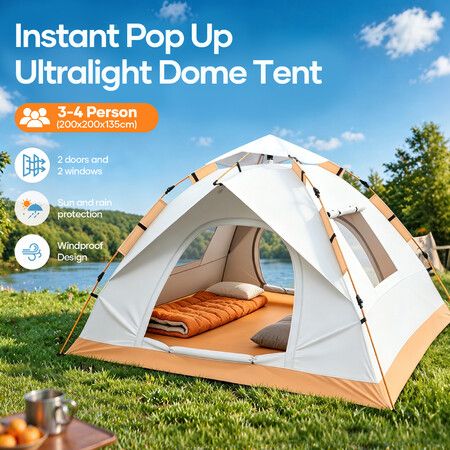 Instant Pop Up Tent 3-4 Person Beach Shelter Camping Family Sun Rain Shade Outdoor Water Resistant Automatic Hiking Picnic Dome Portable 200x200x135cm