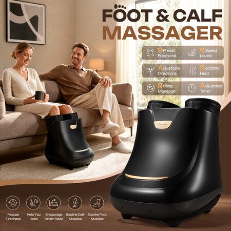 Electric Foot Calf Massager Machine with Heating Air Compression Shiatsu Kneading Rolling Massage Adjustable Massaging Modes Intensity Auto Off Timer