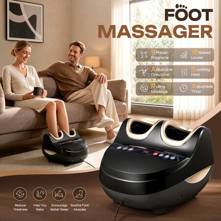 Electric Foot Calf Massager Heated Air Compression Shiatsu Roller Deep Tissue Massaging Machine Digital Touch Screen Timer Auto Shut Off Washable Cover