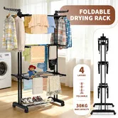 Clothes Drying Rack with Wheels Foldable Garment Laundry Horse Airer Hanger Rails Indoor 4 Tiers Support Stainless Steel Rolling Freestanding Black