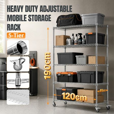 5 Tier Wire Shelving Heavy Duty Workshop Storage Trolley Garage Shelves Metal Pantry Organiser Adjustable Steel Utility Rack Display Stand Rolling Cart